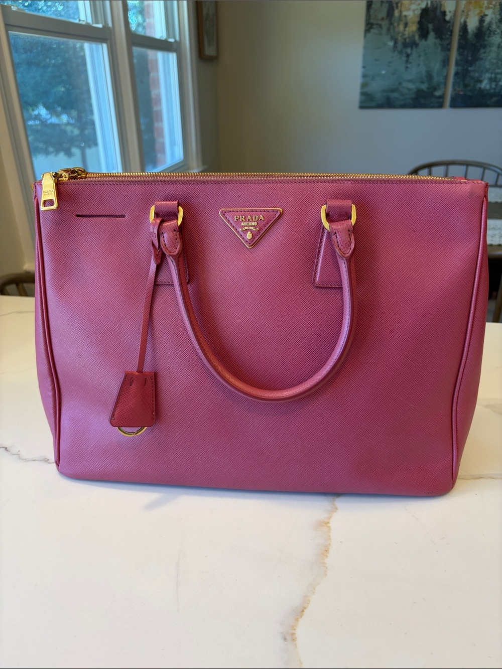 Pre-Loved Prada Saffiano Leather Galleria Tote in Fuchsia with Gold Hardware
